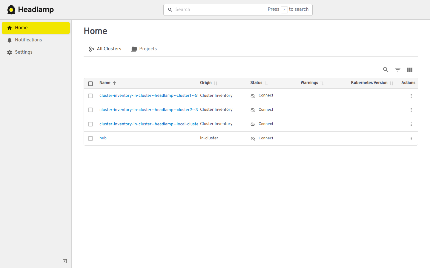 Headlamp cluster chooser listing managed clusters from OCM