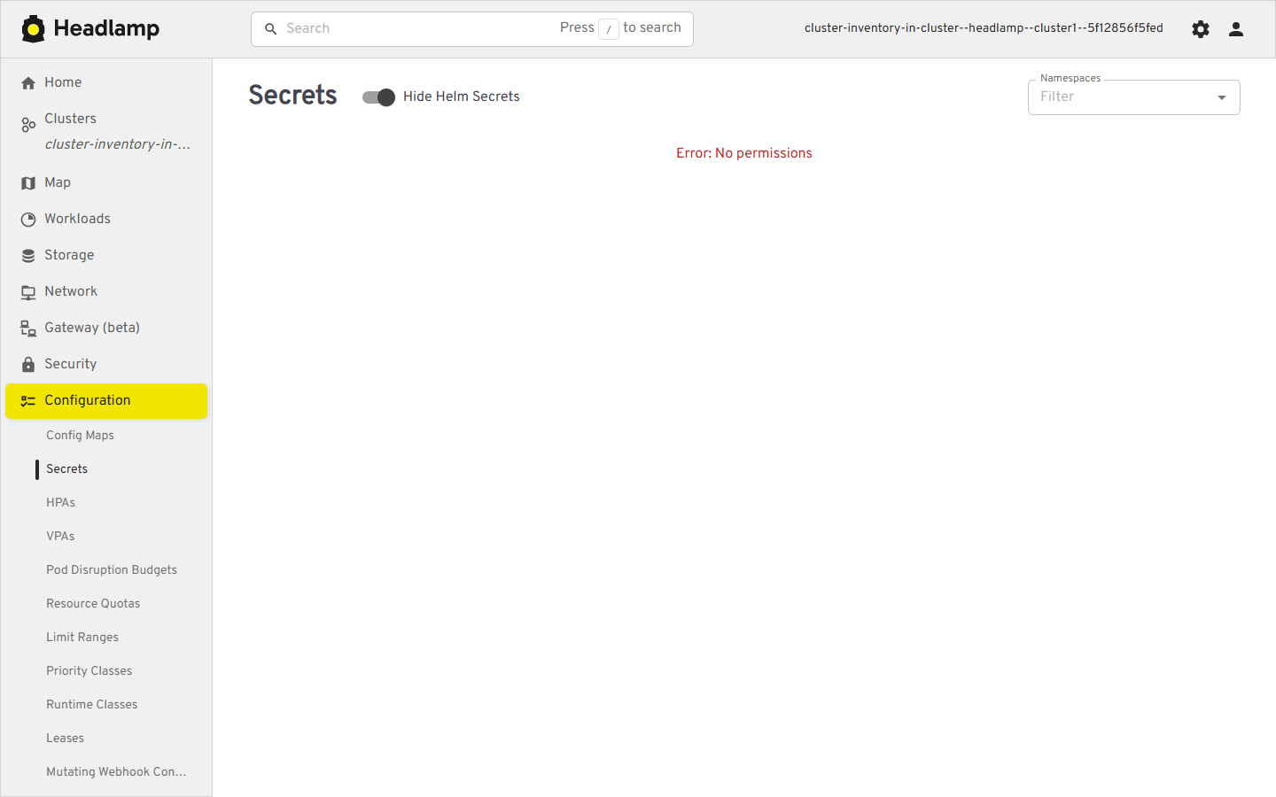 Headlamp Secrets page showing No permissions